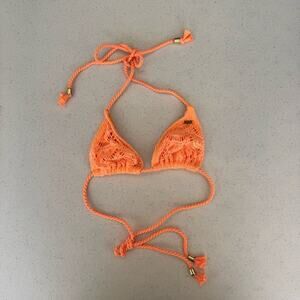 Roxy Triangle Bikini Top Women’s Neon Orange Crochet Knit Rope Style Straps
